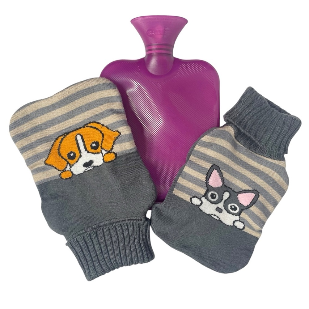 Hot Water Bottle + 2 Knit Covers Bed Warmer Dogs Pups Sweater Winter Warmth Cute